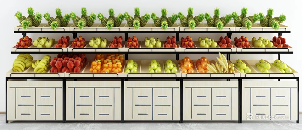 Fruit Display Shelves with Fresh Pineapples Apples Oranges and Bananas Multi tiered Design 3d model 