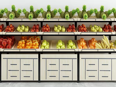 Fruit Display Shelves with Fresh Pineapples Apples Oranges and Bananas Multi tiered Design 3d model