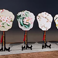 Fan Shaped Ornamental Decorative Set With Floral Patterns And Black Stands