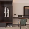 Hotel Guest Room With Two Double Beds White Sheets Desk Chair TV And Window