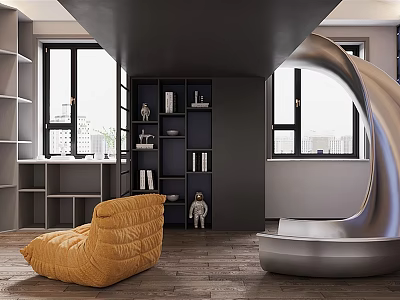 Home Theater Room Interior With Wooden Floor Silver Curved Furniture And Orange Bean Bag Chair 3d model