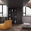 Home Theater Room Interior With Wooden Floor Silver Curved Furniture And Orange Bean Bag Chair