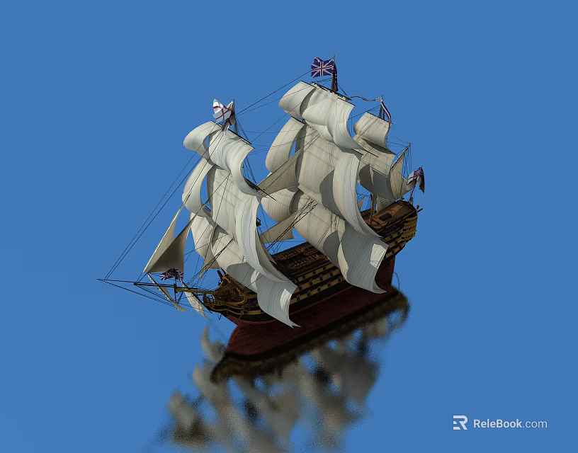 Classic Wooden Sailing Ship With White Sails Against Blue Sky And Reflection 3d model 