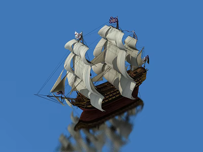 Classic Wooden Sailing Ship With White Sails Against Blue Sky And Reflection 3d model