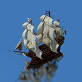Classic Wooden Sailing Ship With White Sails Against Blue Sky And Reflection