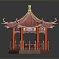 Traditional Chinese Hexagonal Pavilion With Red Roof Golden Ornament And Red Columns