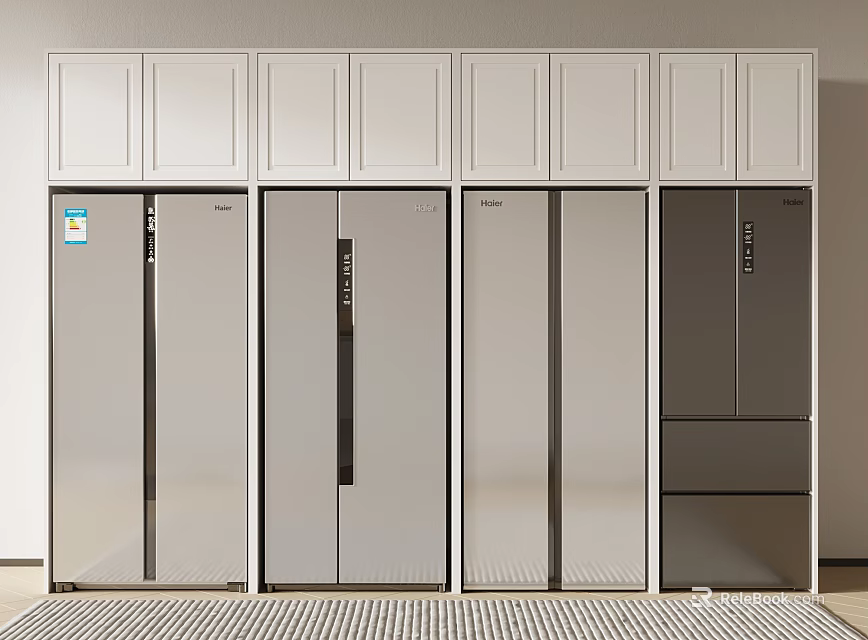 Modern Refrigerators and Freezers Display with Various Styles Silver Finish and White Kitchen Cabinets 3d model 