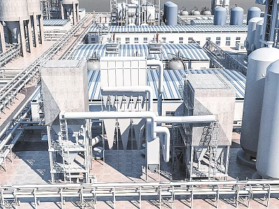 Industrial Factory Building Featuring Metal Structures Pipes Storage Tanks And Equipment 3d model