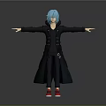 3D Character Model With Blue Hair Black Long Coat Red Shoes And Outstretched Arms
