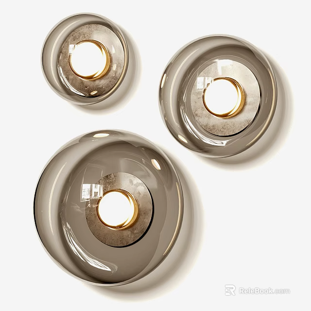 Modern Three Round Glossy Wall Lamps With Golden Light Source Mounted On White Wall 3d model 