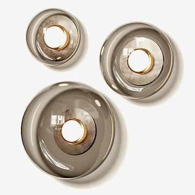 Modern Three Round Glossy Wall Lamps With Golden Light Source Mounted On White Wall 3d model