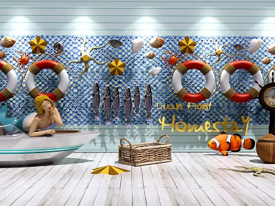 Modern landscape wall fishing culture sketch fishing net wall decoration pendant landscape wall folk landscape boat starfish shell mermaid 3d model