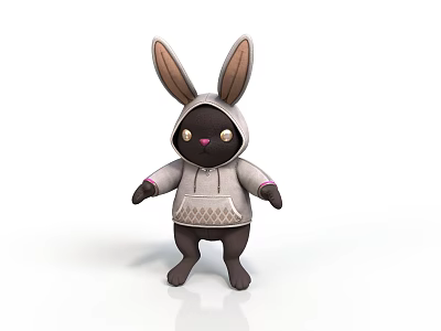 Cute 3D Rabbit Plush Toy In Gray Hoodie With Ear Shaped Hood And Pink Eyes 3d model