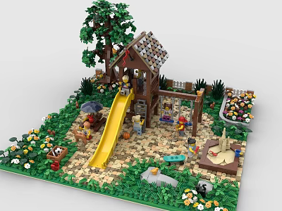 Colorful Building Blocks Garden Playground With Treehouse Slide Swing Sandpit Flowers And Mini Figures 3d model