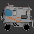 Futuristic Small Silver Vehicle With Orange Stripes Blue Windows Round Wheels And Roof Lights