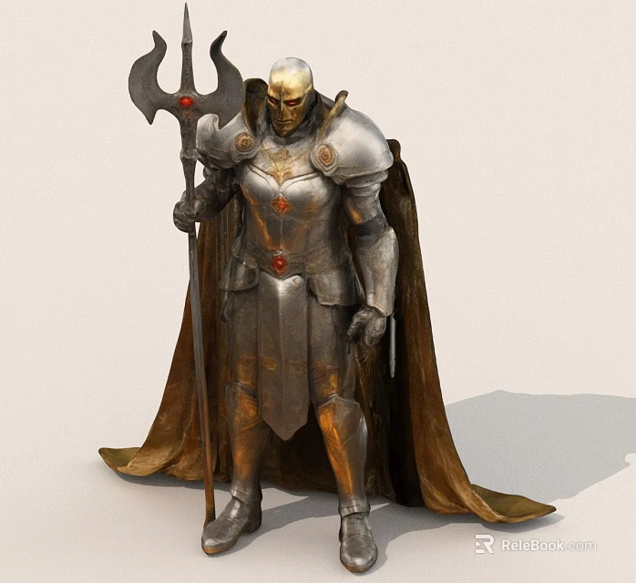 Armored Warrior Character With Trident Cloak And Red Gem Metallic Armor 3d model 
