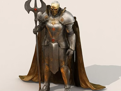 Armored Warrior Character With Trident Cloak And Red Gem Metallic Armor 3d model