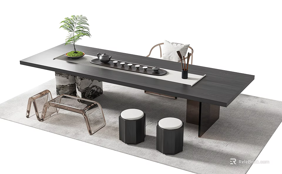 Modern Dark Wooden Tea Table Set With Potted Plant Tea Set And Stools 3d model 