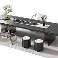 Modern Dark Wooden Tea Table Set With Potted Plant Tea Set And Stools