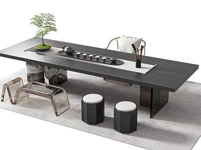 Modern Dark Wooden Tea Table Set With Potted Plant Tea Set And Stools 3d model