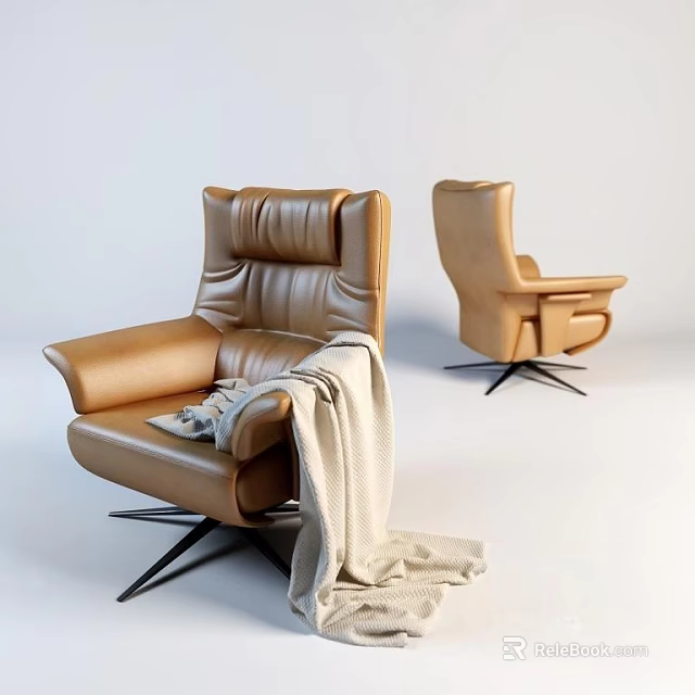 Modern Brown Leather Single Sofa With Light Blanket And Metal Base 3d model