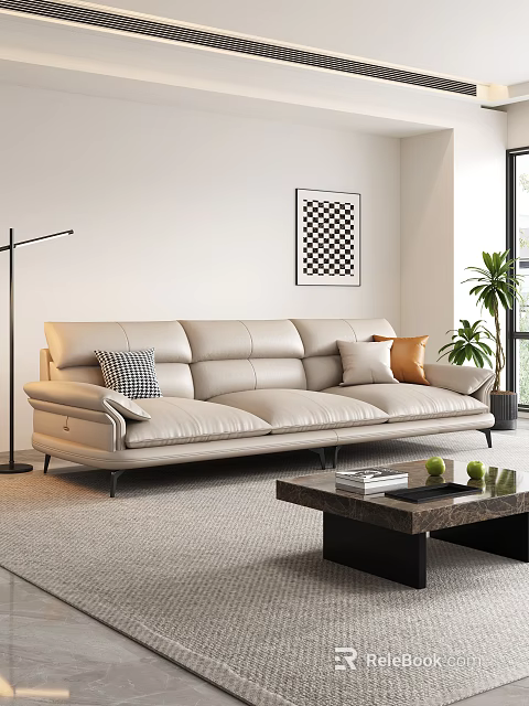 Modern Beige Leather Three-seater Sofa With Cushions Coffee Table And Potted Plant In Living Room 3d model 