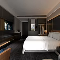 Modern Hotel Guest Room with King Bed White Bedding Dark Furniture and Large Window
