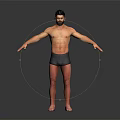 Shirtless Man Standing with Arms Outstretched in Black Shorts Against Dark Background with Reflective Floor
