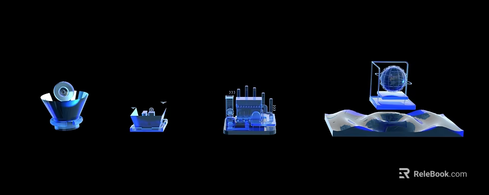 Blue Transparent 3D Stereoscopic Models Displaying Various Scenes And Designs 3d model