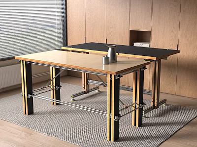 Wooden Tabletop Desk With Black Metal Frame And Wheels Near Window Wooden Wall And Carpet 3d model