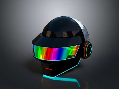 Futuristic Weapon Helmet With Black Shell Colorful Reflective Visor And Neon Lights 3d model