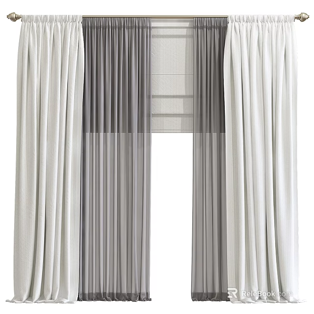 White And Gray Layered Curtains With Sheer Fabric For Home Window Decoration 3d model 