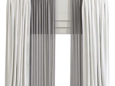White And Gray Layered Curtains With Sheer Fabric For Home Window Decoration 3d model
