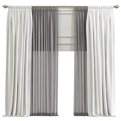 White And Gray Layered Curtains With Sheer Fabric For Home Window Decoration 3d model