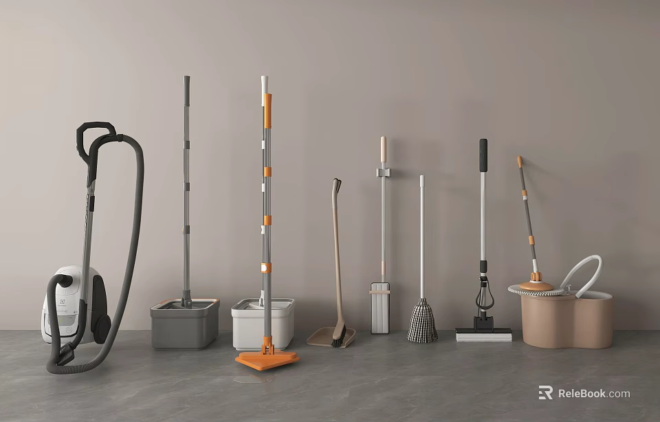Essential Cleaning Tools Collection For Home Daily Use With Mops Brooms Vacuum Cleaners And Buckets 3d model 
