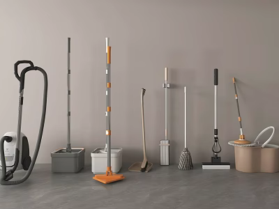 Essential Cleaning Tools Collection For Home Daily Use With Mops Brooms Vacuum Cleaners And Buckets 3d model