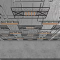 Modern Industrial Ceiling Design With Black Metal Frames Wooden Slats And Hanging Lights