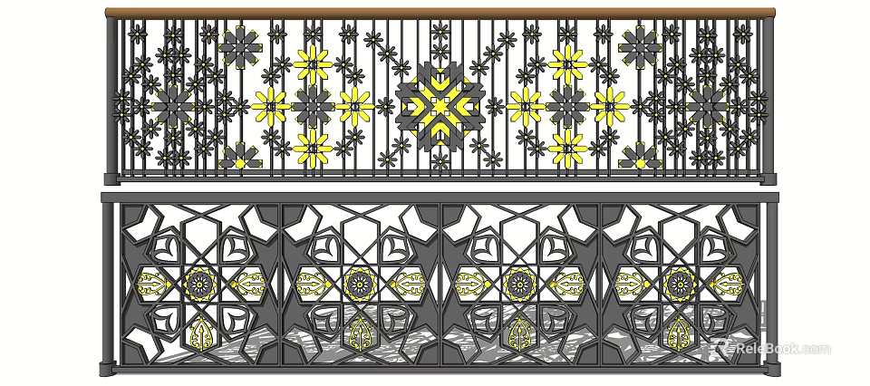 Decorative Metal Fence With Yellow Floral Patterns And Geometric Designs 3d model 