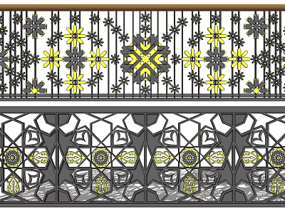 Decorative Metal Fence With Yellow Floral Patterns And Geometric Designs 3d model