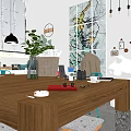 Modern Public Office Space With Large Wooden Table Hanging Lamps And Green Plants