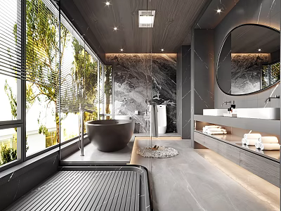Modern Bathroom Interior With Marble Walls Freestanding Bathtub And Double Vanity 3d model