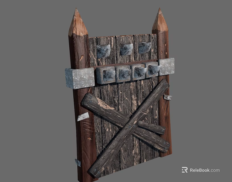 Medieval Wooden Door With Crossed Metal Bars And Stone Accents Vintage Design 3d model 