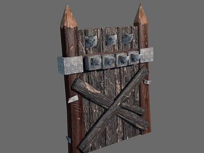 Medieval Wooden Door With Crossed Metal Bars And Stone Accents Vintage Design 3d model