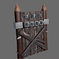 Medieval Wooden Door With Crossed Metal Bars And Stone Accents Vintage Design