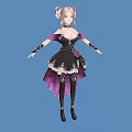 Woman With Pink Pigtails In Black Purple Dress Lace Flower Thigh High Boots Blue Background