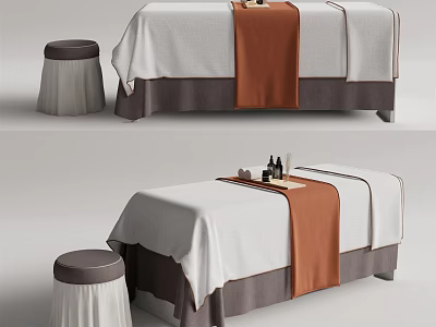 Spa Massage Bed With White Sheet Brown Towel Stool And Essential Oil Bottles 3d model