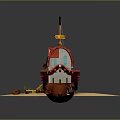 Miniature Pirate Ship Cabin With Red Hull Black Flag Wooden Ladder Small Boat And Anchor