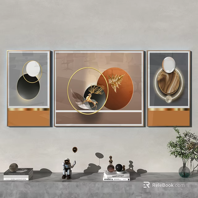 Three Panel Modern Wall Art With Circular Elements Gold Accents And Botanical Motifs 3d model 