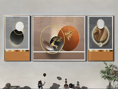 Three Panel Modern Wall Art With Circular Elements Gold Accents And Botanical Motifs 3d model