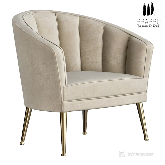 Elegant Beige Velvet Accent Chair With Curved Backrest And Gold Metal Legs 3d model 
